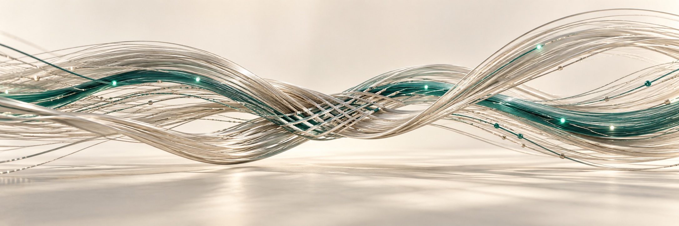 Conceptual artwork of interwoven silver and teal strands, suggesting data, systems and people working together